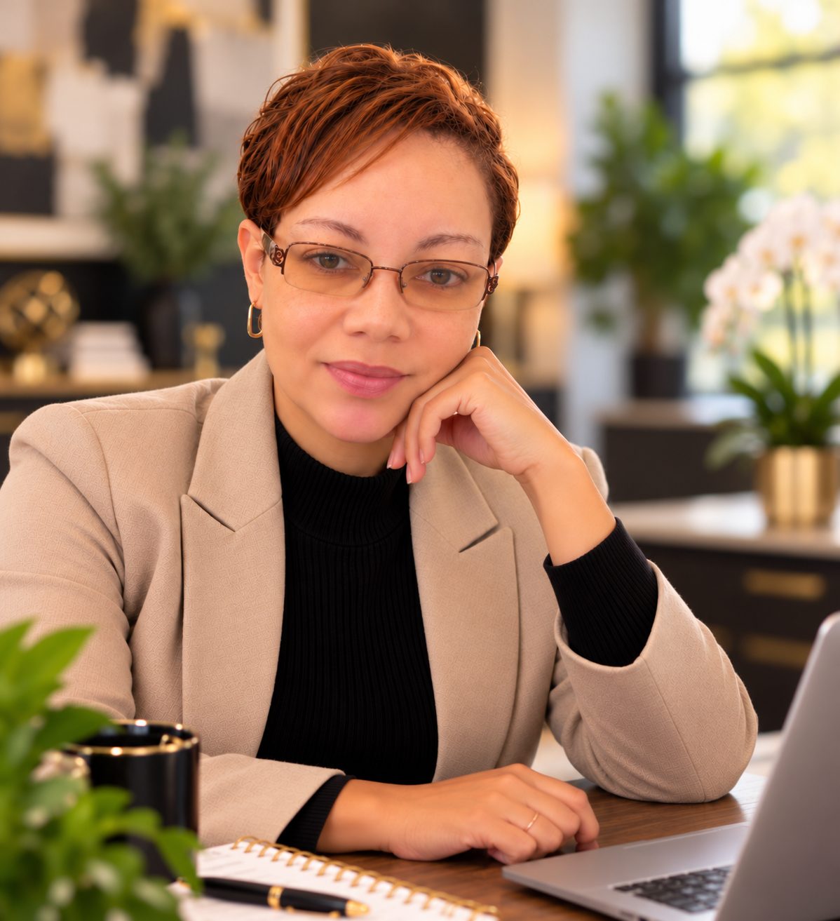Confident Office Portrait with Warm Bokeh